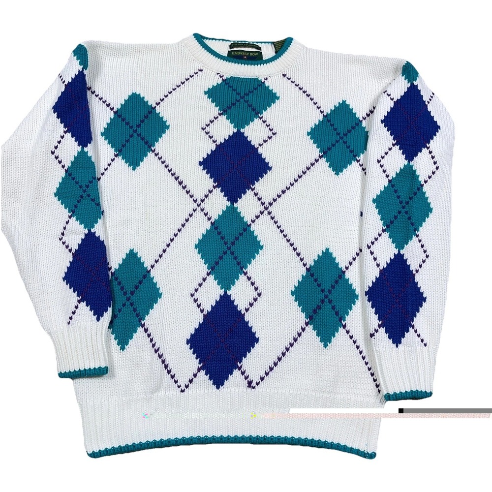 Vintage Grandpa Sweater Men Medium White Teal Diamond Crewneck Heavy Knit 90s *